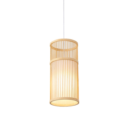 Asian Style Bamboo Pendant with Diamond, Drum, and Barrel Drops - 1-Light Hanging Light Kit for Restaurants in Beige