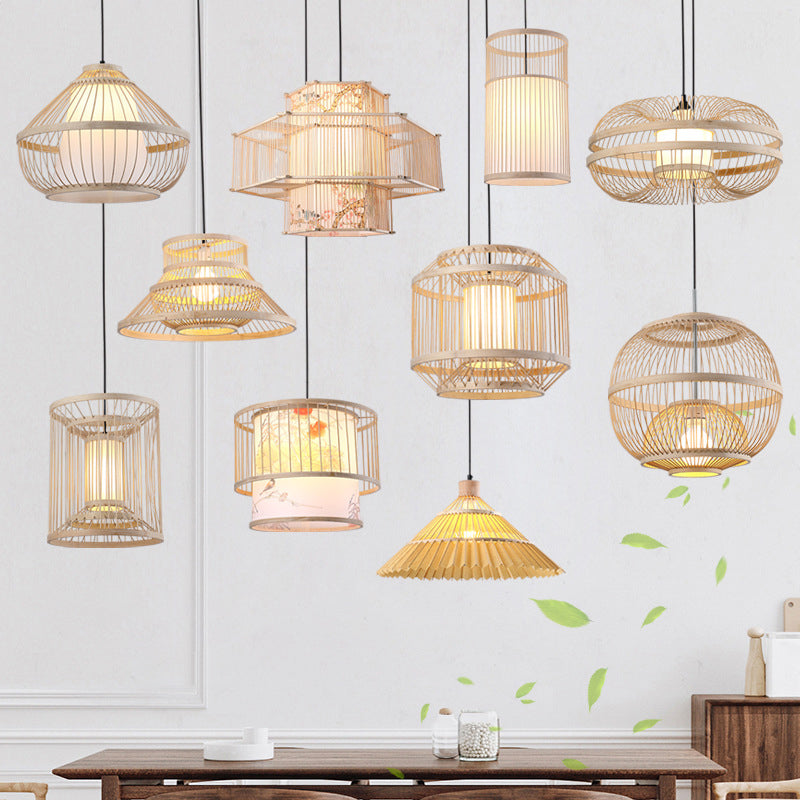 Japanese Style Bamboo Pendant Light In Beige For Restaurant - Single Bulb Ceiling Hanging Fixture