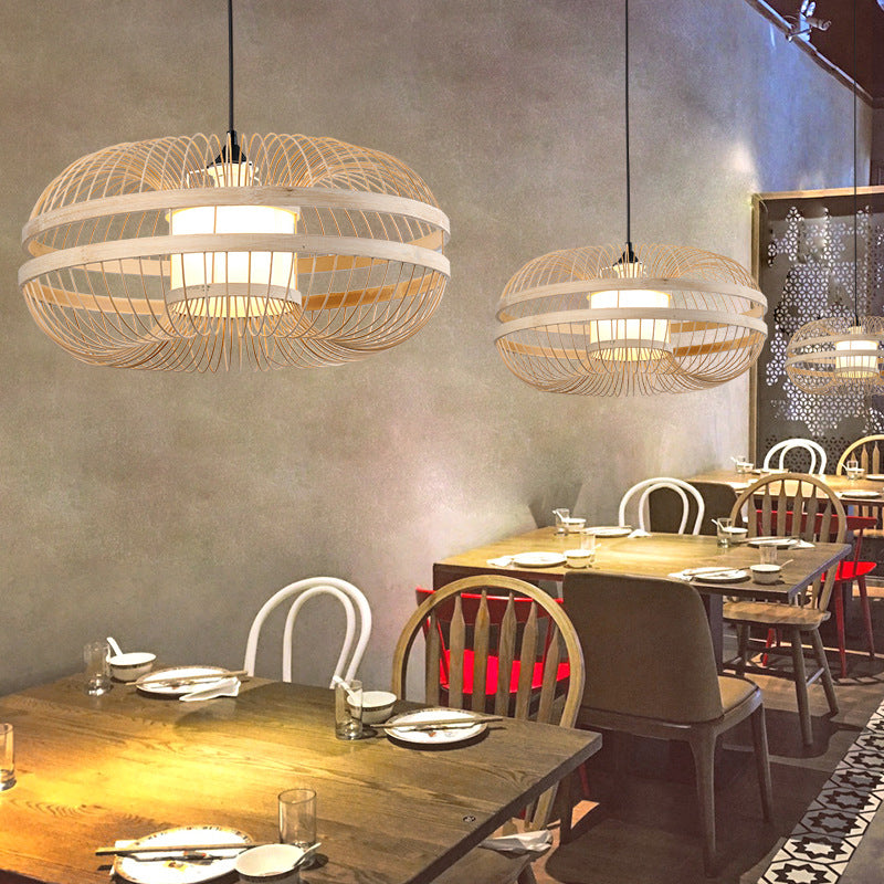 Japanese Style Bamboo Pendant Light In Beige For Restaurant - Single Bulb Ceiling Hanging Fixture /