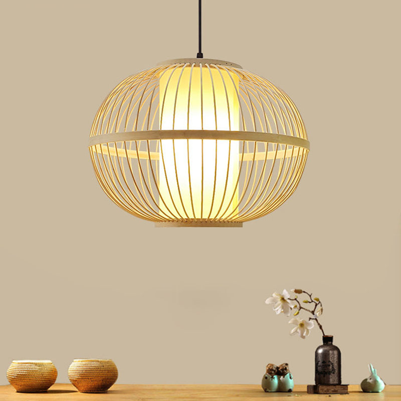 Asian Bamboo Oval Pendant Light with Inner Shade - 1-Light Beige - 3 Size Options