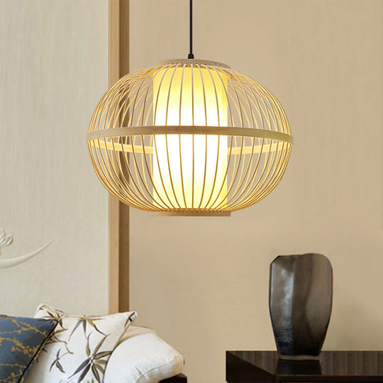 Asian Bamboo 1-Light Beige Pendant Light Fixture - Oval Suspension Lighting Inner Shade 14/16/23.5