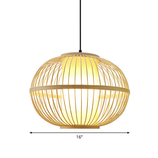 Asian Bamboo 1-Light Beige Pendant Light Fixture - Oval Suspension Lighting Inner Shade 14/16/23.5