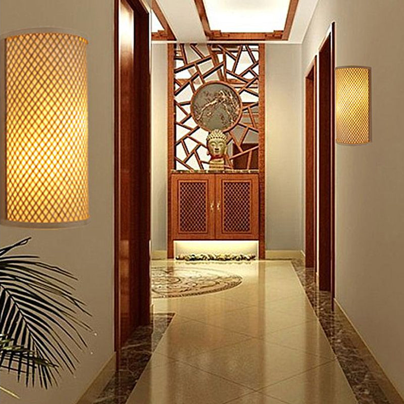 Minimalist Bamboo Half-Cylindrical Wall Light Beige Flush Mount Sconce For Hallways