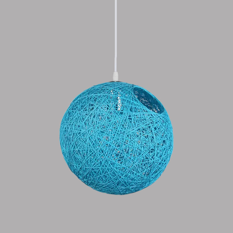 Modern Rattan Globe Pendant Light with Cut-out Hole - Single-Bulb Ceiling Lamp in Blue/Pink/Red