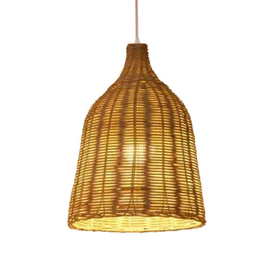 Asian Beige Pendant Lamp with Rattan Shade - 1-Light Restaurant Lighting