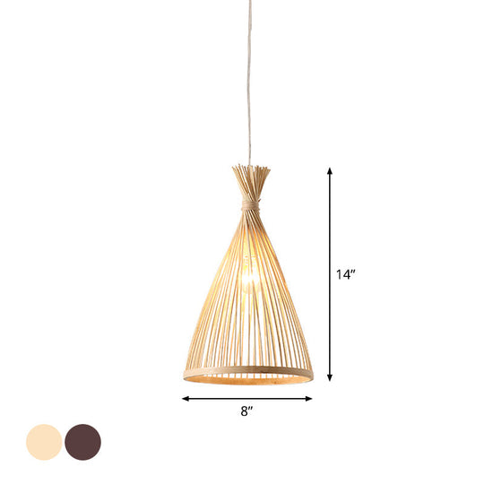 Japanese Style Funnel Pendant Light - Wood 1 Head 8/10/12 Wide Beige/Coffee Ceiling Hang Lamp