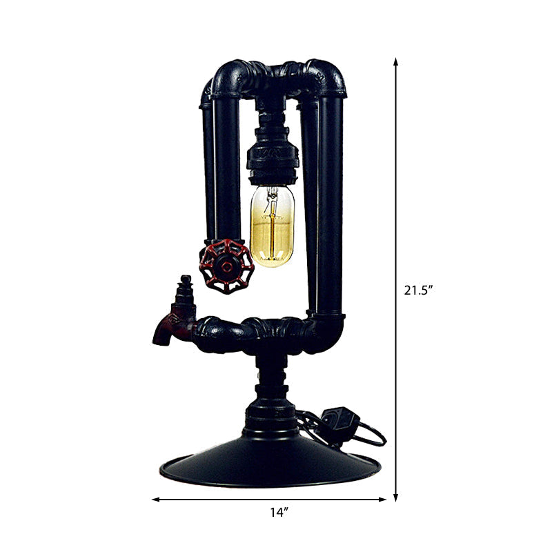 Industrial Metal Water Pipe Table Lamp - Polished Black Finish With Faucet And Valve