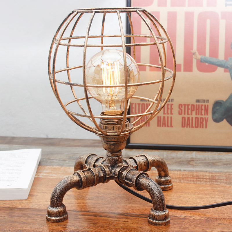 Metal Ball Cage Table Lamp With Pipe-Like Base - Industrial Style Mini Light Antique Bronze Finish 1
