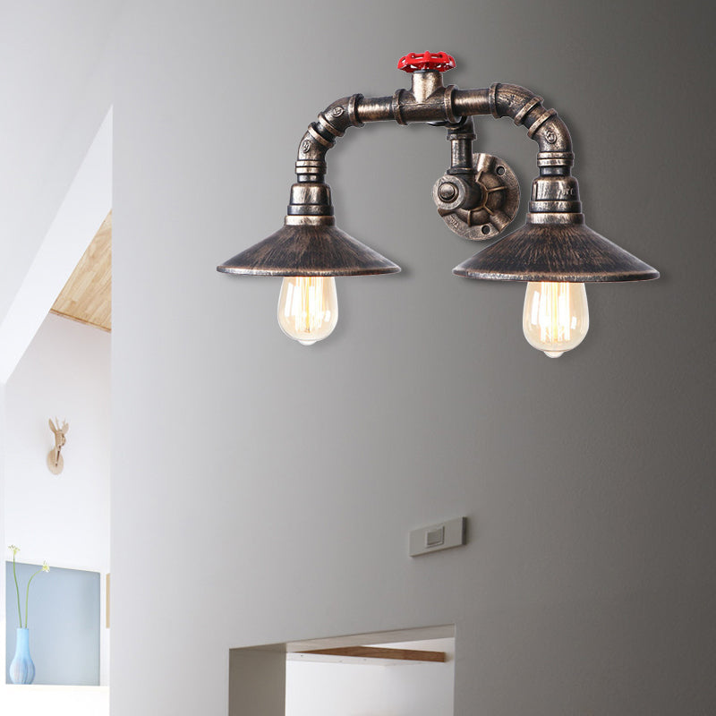 Conical Rustic Iron Wall Sconce With Industrial Pipe And Valve - 2-Light Farmhouse Fixture In