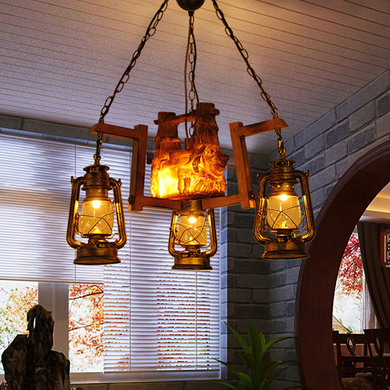 3-Light Lantern Pendant Chandelier - Loft Style Metal Aged Brass - Ideal for Restaurants