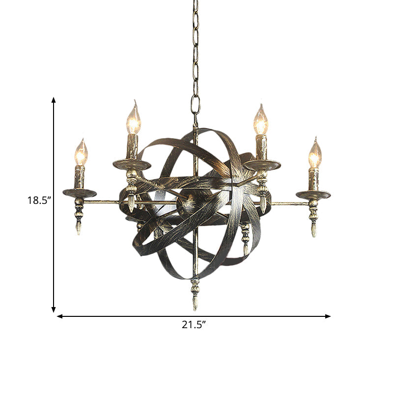 Metallic Chandelier with Spherical Cage Shade - Vintage 6/8 Head Ceiling Light for Restaurants in Black/Rust