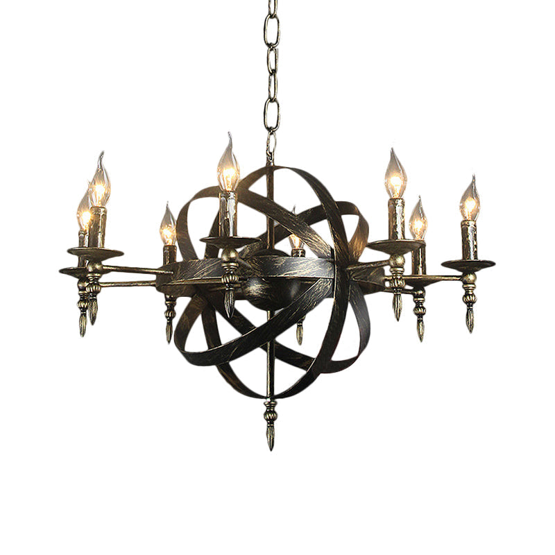 Metallic Chandelier with Spherical Cage Shade - Vintage 6/8 Head Ceiling Light for Restaurants in Black/Rust