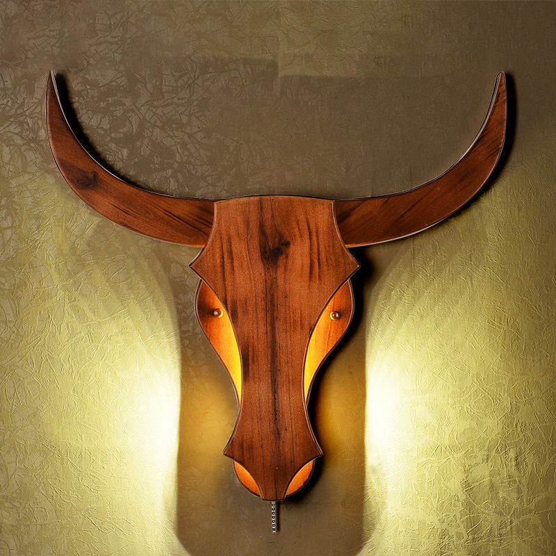 Industrial Wooden Bull Sconce Light For Dining Room - 16/19.5 W Brown Finish