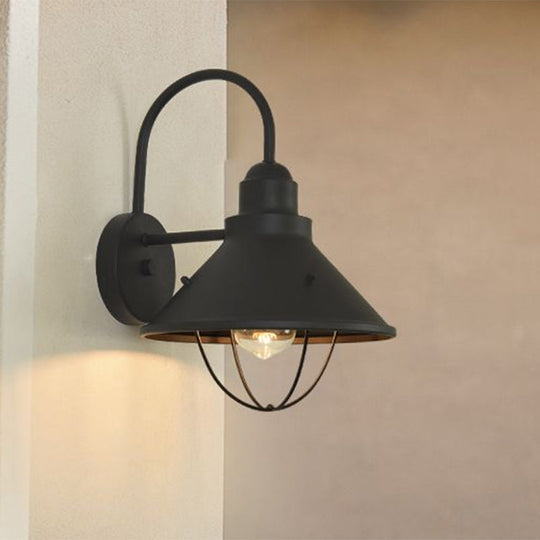 Industrial Black Metal Sconce With Cage And Cone Shade