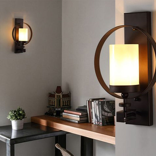 Black Opal Glass Wall Mounted Light Fixture - Industrial 1 Bulb Cylinder Lighting For Living Room