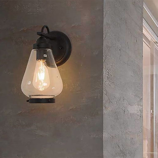Industrial Cone Shade Porch Wall Light Fixture - Clear Glass 1 Black Sconce Lamp
