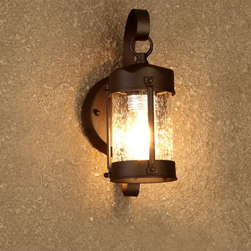 One Bulb Industrial Porch Sconce Lighting Fixture With Bubble Glass Cylinder/Lantern Shade In Black