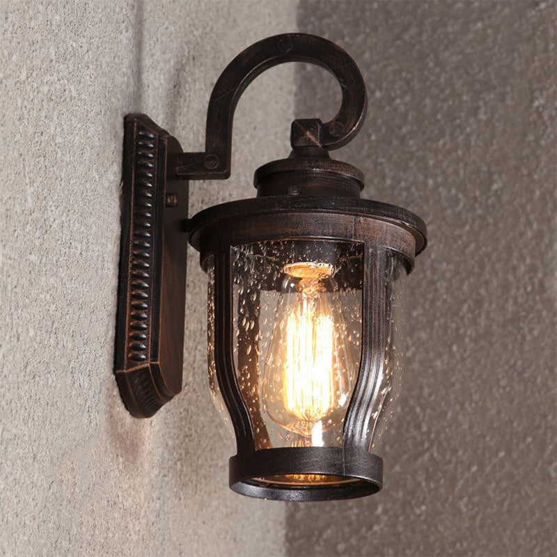 Industrial Outdoor Gooseneck Wall Light - 1 Black Sconce With Bubble Glass And Curved Arm