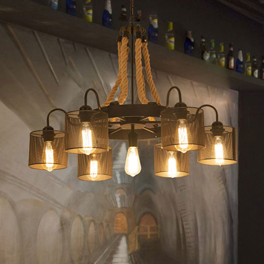 Vintage Style Cylinder Mesh Metal Shade Chandelier: 6-Head Restaurant Hanging Light in Beige