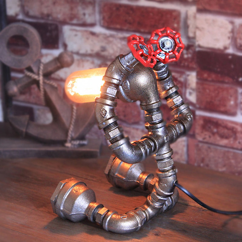 Steampunk Iron Robot Table Light With Water Valve - Unique Coffee Shop Lamp Silver