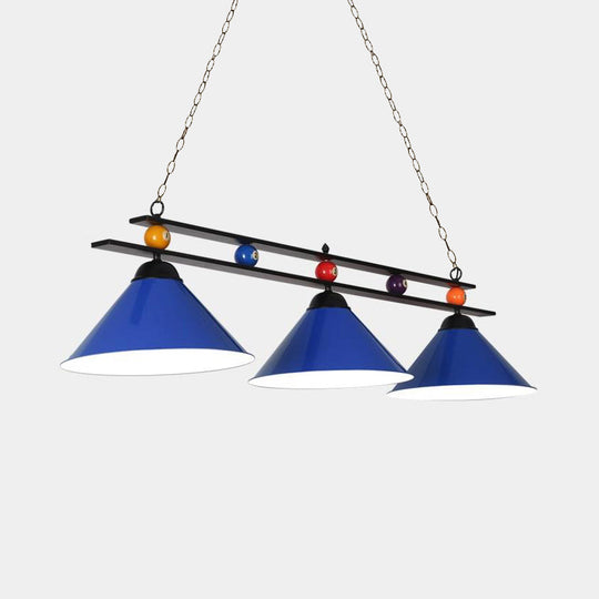 3-Head Conical Metallic Billiard Light - Indoor Island Lighting Fixture In Black/Red/Blue Blue / A