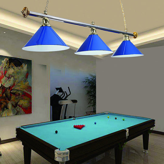 3-Head Conical Metallic Billiard Light - Indoor Island Lighting Fixture In Black/Red/Blue