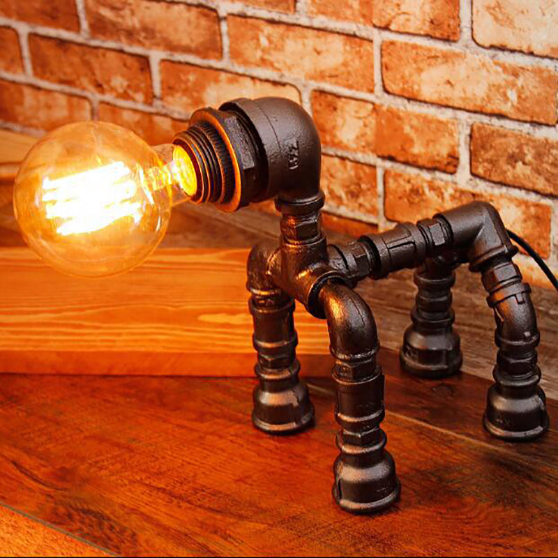 Dog Steampunk Water Pipe Table Lamp For Childrens Bedroom - 1 Bulb Black/Bronze Metallic Design