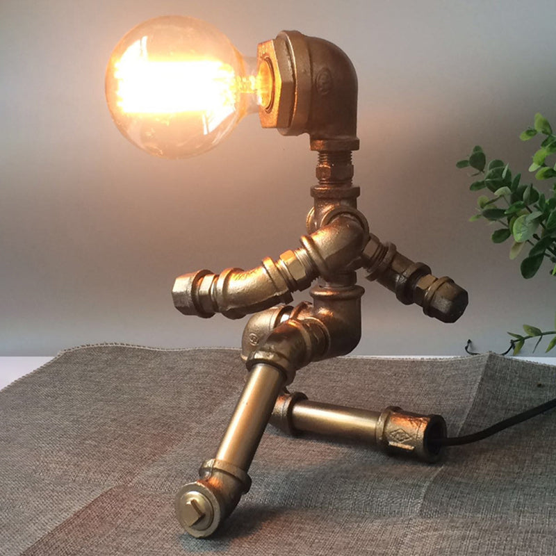 Antique Style Wrought Iron Pipe Man Table Lamp With Brass Finish For Coffee Shop