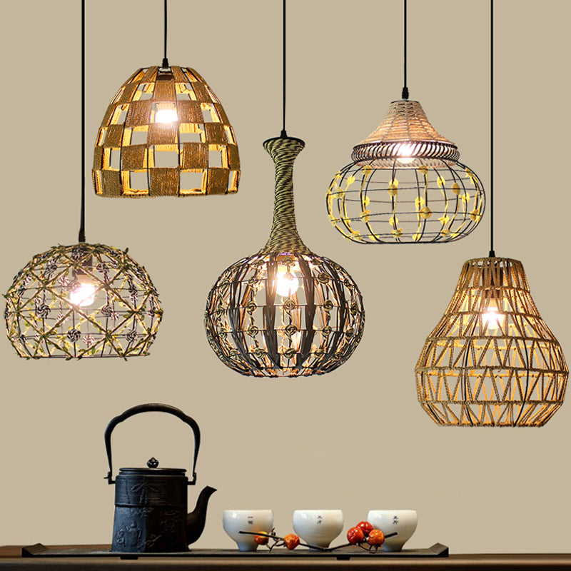 Hollowed White House/Dome/Bell Pendant Lamp - Coastal 1-Light Rattan Fixture For Dining Room / F