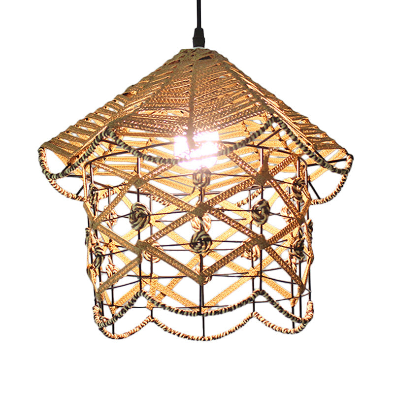 Hollowed White House/Dome/Bell Pendant Lamp - Coastal 1-Light Rattan Fixture For Dining Room / C