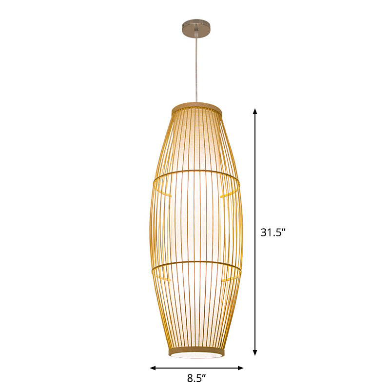 Asian Bamboo Pendant Ceiling Lantern With Elongated Barrel Drop Beige Finish - 1-Light Heights