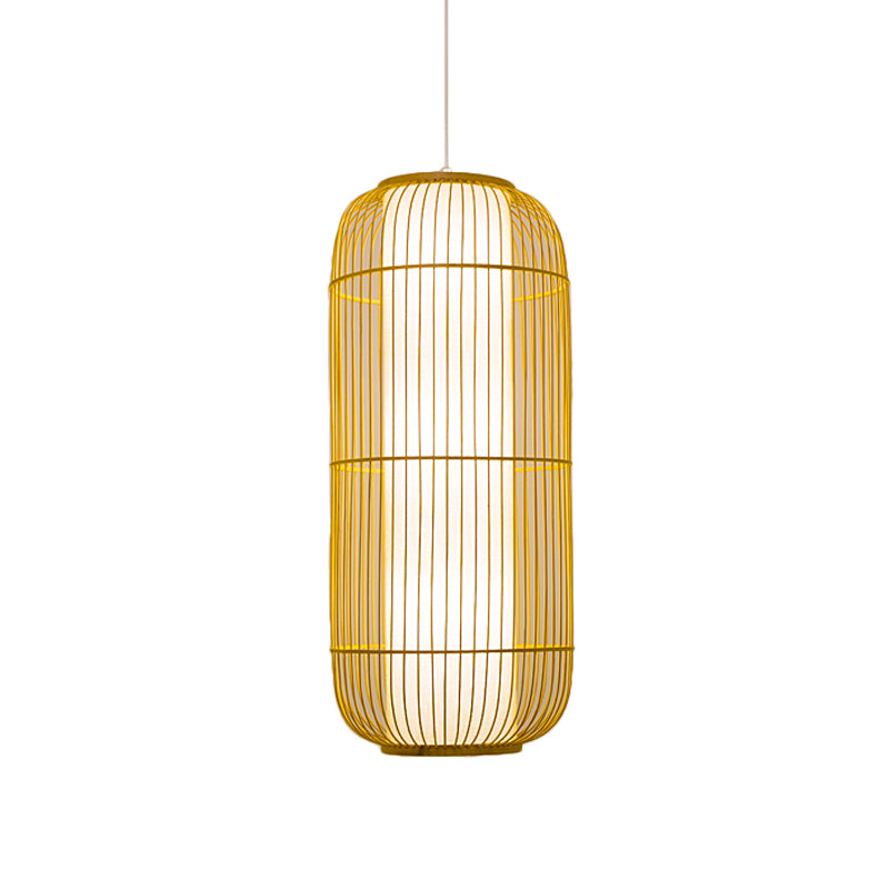 Beige Bamboo Hanging Lantern - Asian Style Pendant Light, 1-Light, Elongated Oval/Barrel Drop, Multiple Sizes - 16"/19.5"/31.5" Height