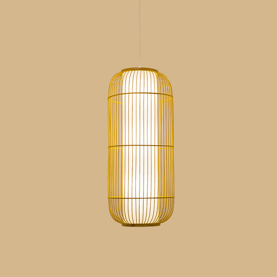 Asian Bamboo Pendant Ceiling Lantern With Elongated Barrel Drop Beige Finish - 1-Light Heights