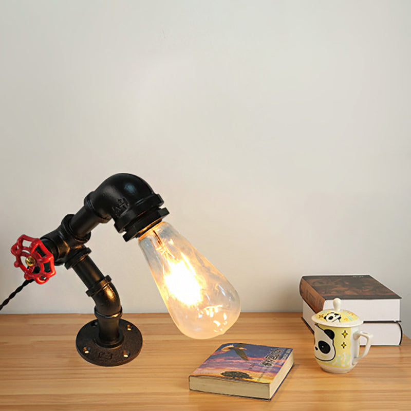 Industrial Black Metal Table Lamp With Piped Design And Valve Wheel - 1-Light Bedroom Light