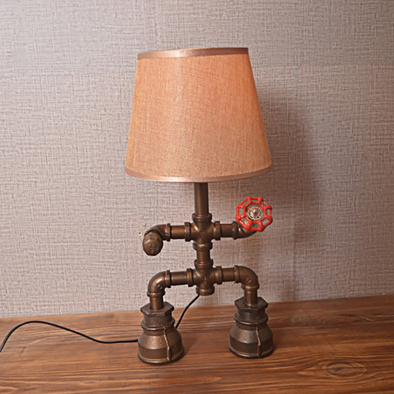 Vintage Fabric Conical Table Lamp With Water Pipe - Stylish 1-Light Restaurant Lighting In Bronze