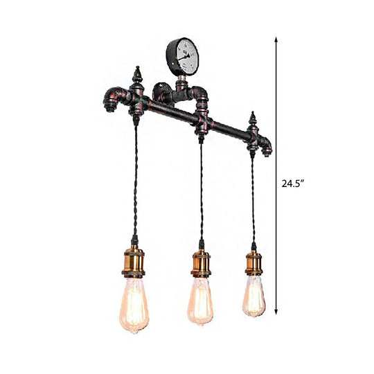 Vintage Metal Sconce Lamp With Gauge - Antique Style 3-Bulb Restaurant Wall Light In Dark Rust
