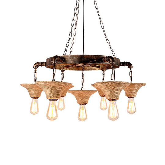 Antique Bronze 7/9-Bulb Rope Chandelier For Rustic Dining Room - Cone Shade Pendant Light