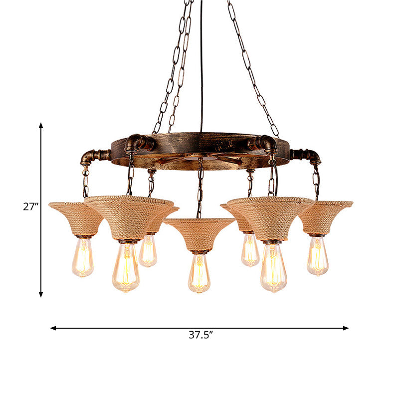 Antique Bronze Rope Chandelier Pendant Light with Cone Shade - Rustic Dining Room Ceiling Lamp, 7/9 Bulb