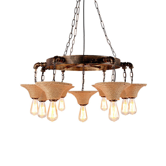 Antique Bronze Rope Chandelier Pendant Light with Cone Shade - Rustic Dining Room Ceiling Lamp, 7/9 Bulb