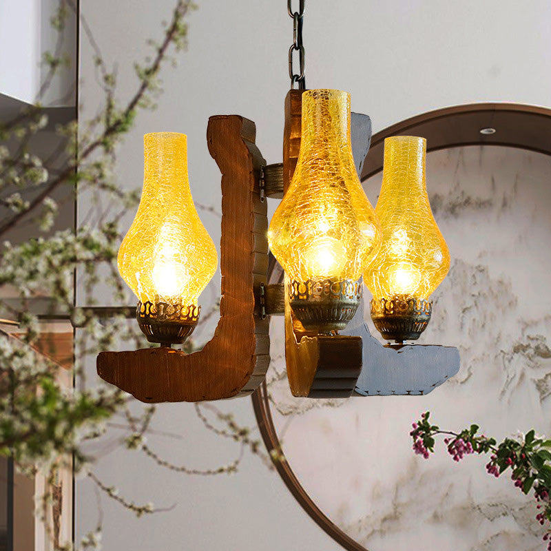 Vintage Yellow Vase Hanging Chandelier - 3-Light Crackle Glass Pendant Light with Wood Finish for Living Room