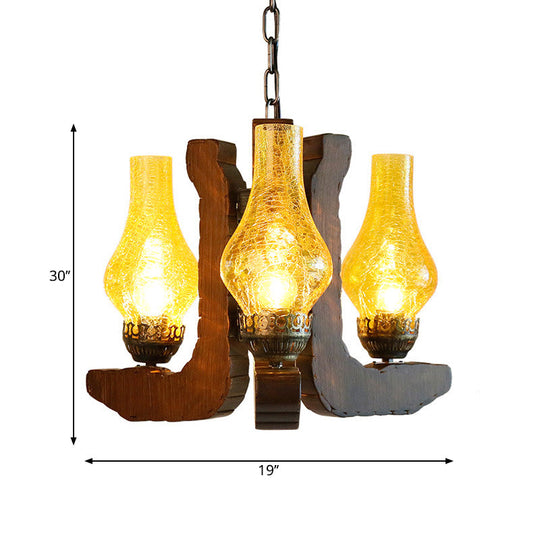 Vintage Yellow Vase 3-Light Crackle Glass Hanging Chandelier - Wood Pendant Light Fixture For Living