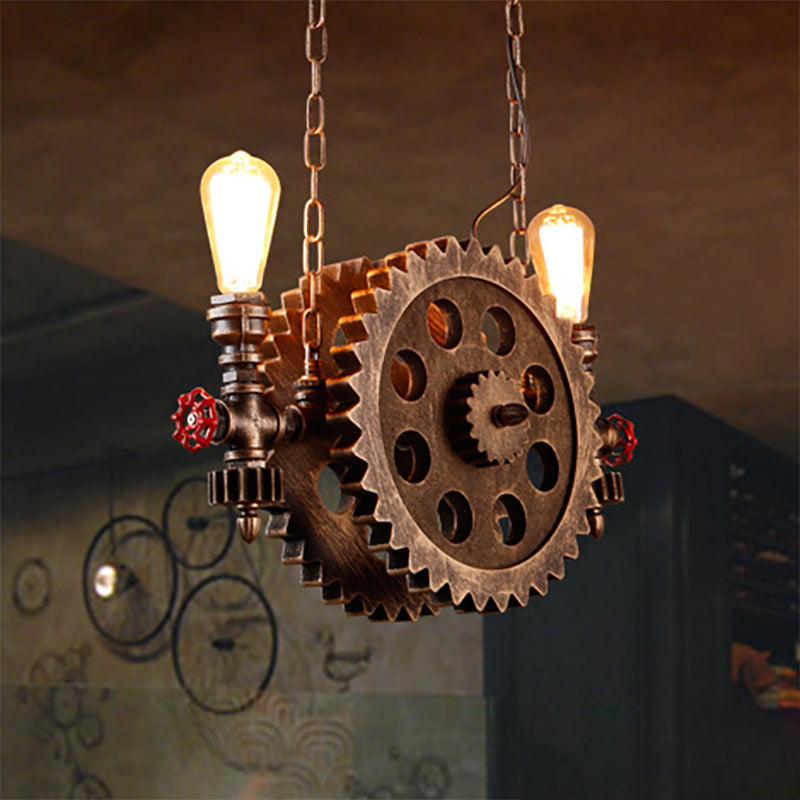 Vintage Metal Hanging Chandelier with Exposed Bulbs - 2-Light Ceiling Light Fixture for Living Room in Rustic Style
