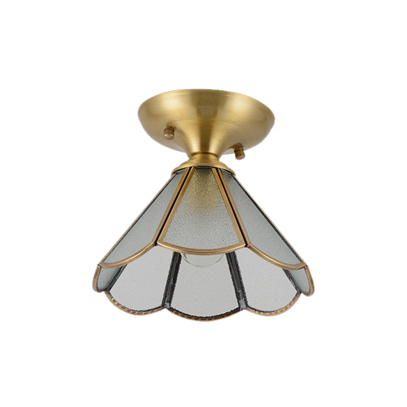 Vintage Brass Cone Semi Flush Mount Ceiling Light With Frosted White Glass Ideal For Corridors