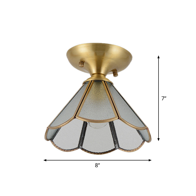 Vintage Brass Cone Semi Flush Mount Ceiling Light With Frosted White Glass Ideal For Corridors