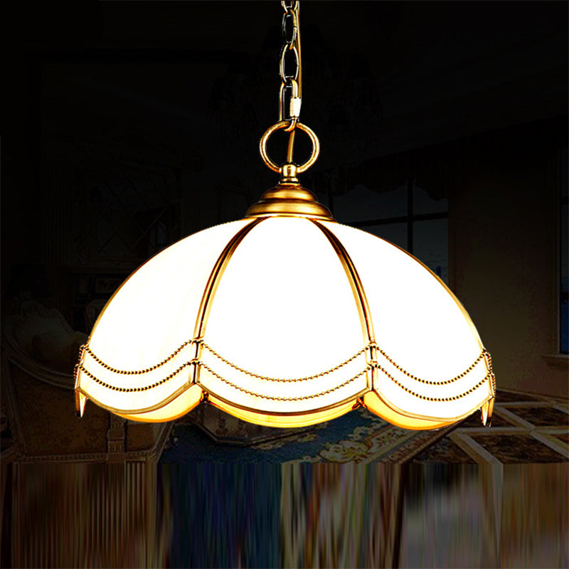 Traditional Brass Scalloped White Glass Pendant Lamp - Bedroom Ceiling Light Textured