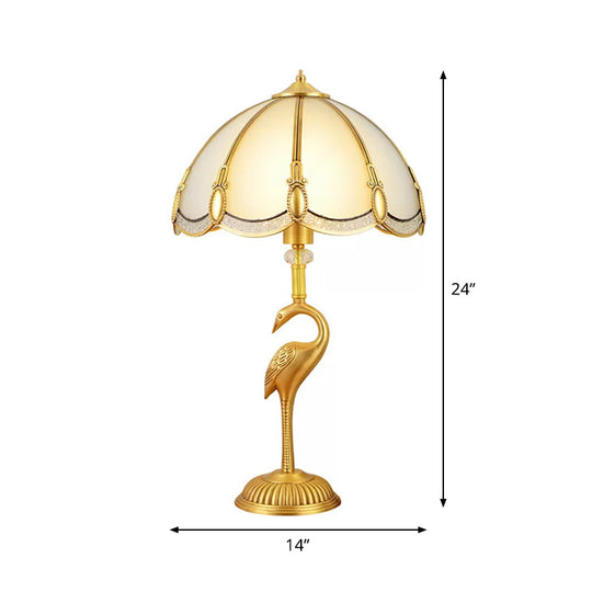 Vintage 1-Light Night Lamp With Frosted Glass Shade And Bird Pedestal In Polished Brass For Bedroom