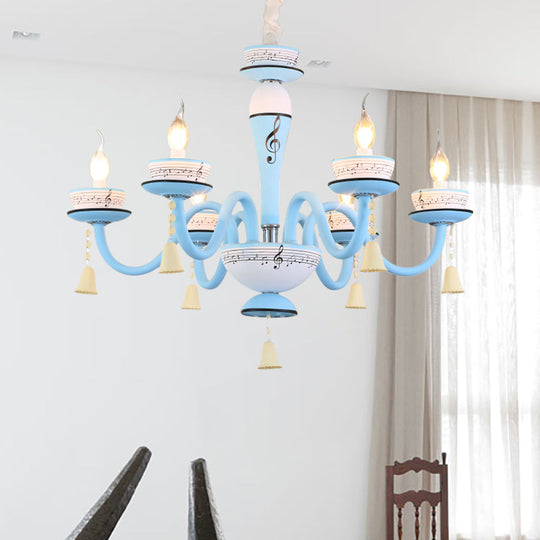Childs Bedroom Candle Suspension Light: Musical Note Cartoon Glass Chandelier With Little Bell 6 /