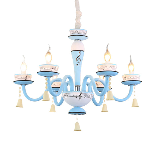 Childs Bedroom Candle Suspension Light: Musical Note Cartoon Glass Chandelier With Little Bell
