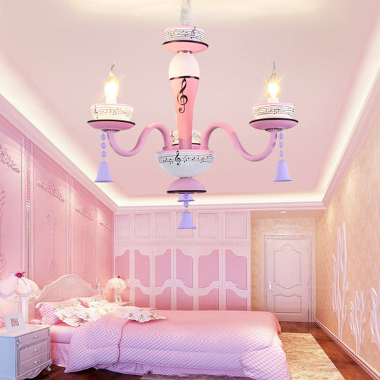 Childs Bedroom Candle Suspension Light: Musical Note Cartoon Glass Chandelier With Little Bell 3 /
