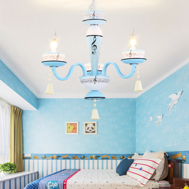 Childs Bedroom Candle Suspension Light: Musical Note Cartoon Glass Chandelier With Little Bell
